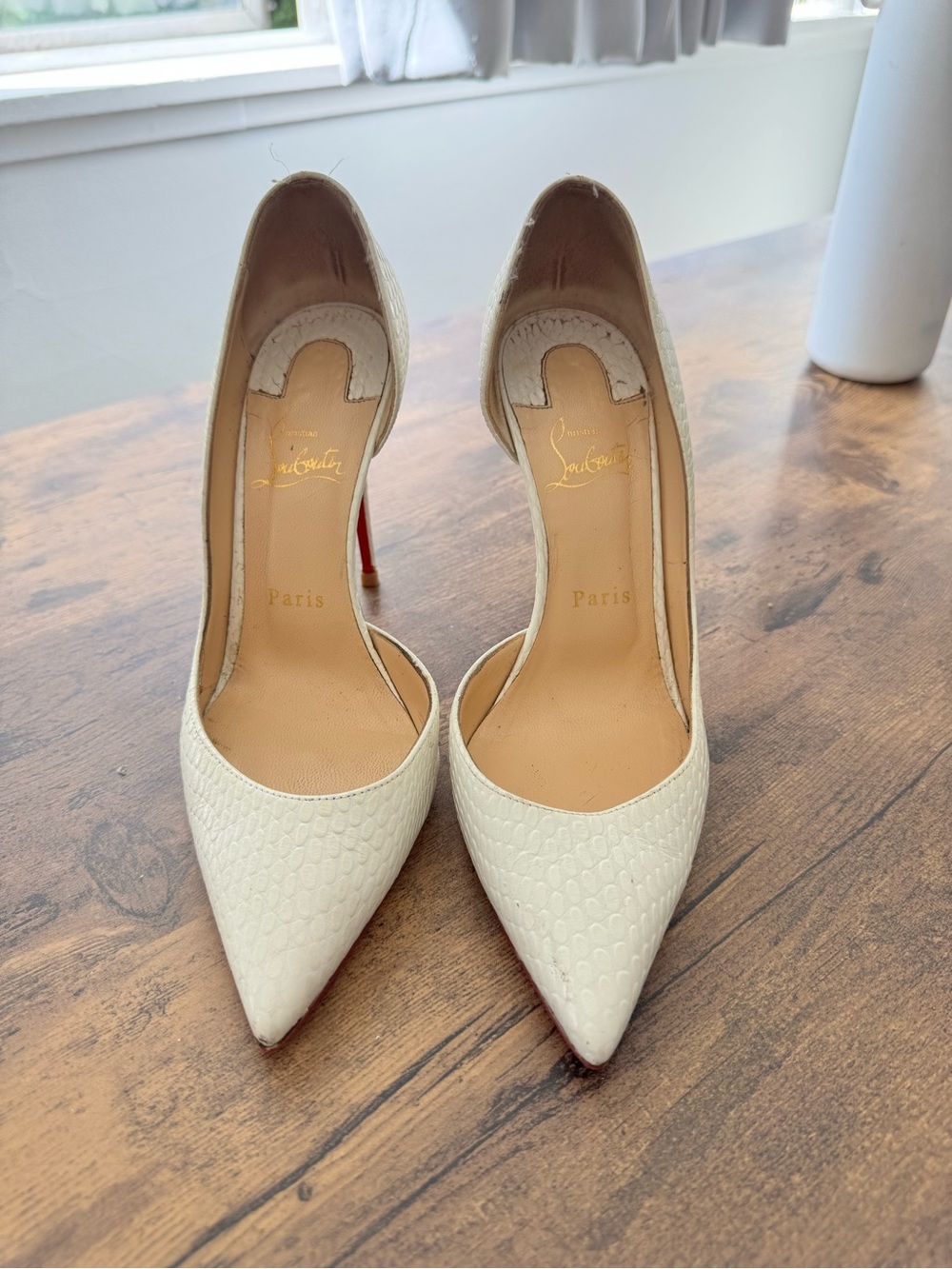 Christian Louboutin Cream Textured Pointed-Toe Pumps with Signature Red Sole
